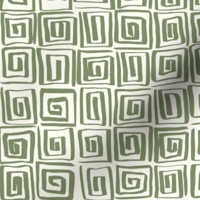 Hand Drawn Greek Key Square Spirals Motif, Sage Green and Natural White (Medium Scale)