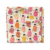 Colors, Confetti & Kimono Dolls - Warm Tones - Cute Japanese Kokeshi Nursery - Large Scale