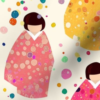 Colors, Confetti & Kimono Dolls - Warm Tones - Cute Japanese Kokeshi Nursery - Large Scale