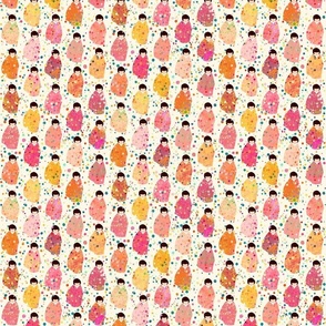 Colors, Confetti & Kimono Dolls - Warm Tones - Cute Japanese Kokeshi Nursery -Small Scale