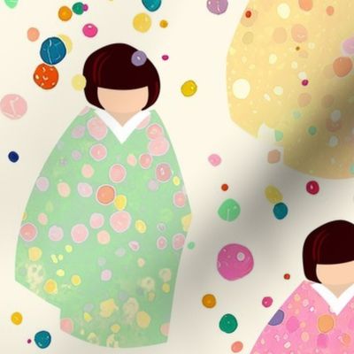 Colors, Confetti & Kimono Dolls - Pastel Tones - Cute Japanese Kokeshi Nursery - Large Scale