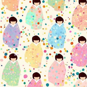 Colors, Confetti & Kimono Dolls - Pastel Tones - Cute Japanese Kokeshi Nursery - Large Scale