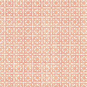 Batik Block Print Floral Squares in Peach Fuzz and White (Medium Scale)
