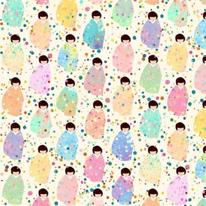 Colors, Confetti & Kimono Dolls - Pastel Tones - Cute Japanese Kokeshi Nursery - Medium Scale