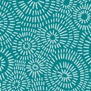 Hand Drawn Sun Burst Geometric Circles, Pastel Aqua on Verdigris (Medium Scale)