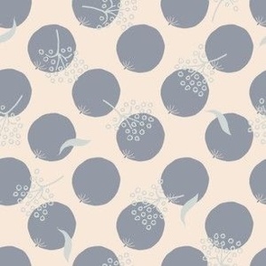 muted Serenity oranges with light blue flower on beige polka dots