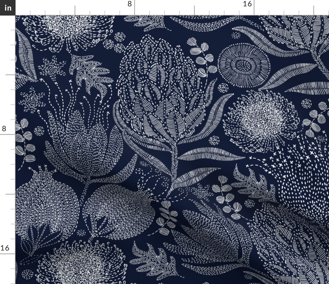 PROTEA VARIETY EMBROIDERY WHITE ON NAVY BLUE