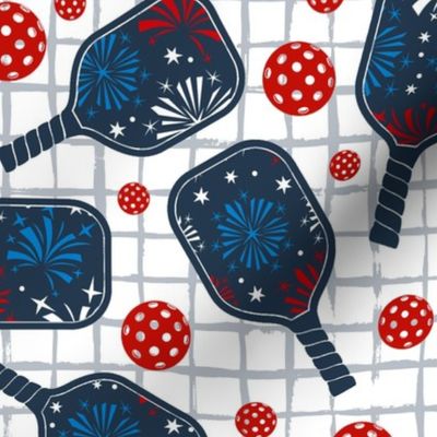 Large Scale Pickleball Paddles and Balls Red White and Blue Patriotic Fireworks