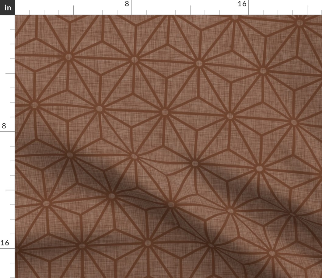 07 Geometric Stars- Japanese Hemp Leaves- Asanoha- Linen Texture on Cinnamon Brown Background- Petal Solids Coordinate- Medium