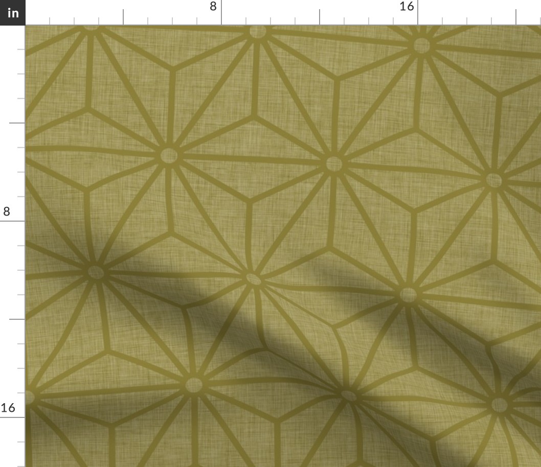 08 Geometric Stars- Japanese Hemp Leaves- Asanoha- Linen Texture on Moss Green Background- Petal Solids Coordinate- Large- Fall- Autumn Leaves- Earthy Green Wallpaper