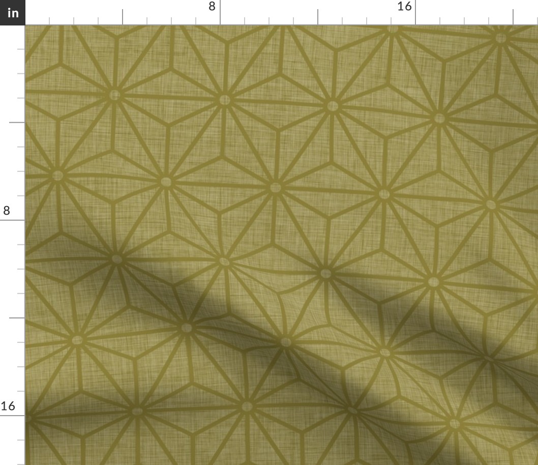 08 Geometric Stars- Japanese Hemp Leaves- Asanoha- Linen Texture on Moss Green Background- Petal Solids Coordinate- Medium- Fall- Autumn Leaves- Earthy Green Wallpaper