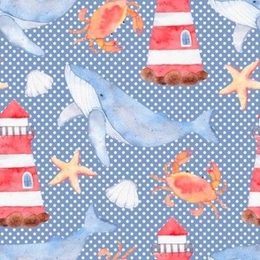 Whale Lighthouse Crabs On Blue Polka Dots Watercolor