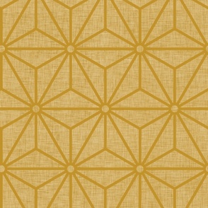 09 Geometric Stars- Japanese Hemp Leaves- Asanoha- Linen Texture on Mustard Gold Background- Petal Solids Coordinate- Large