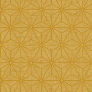 09 Geometric Stars- Japanese Hemp Leaves- Asanoha- Linen Texture on Mustard Gold Background- Petal Solids Coordinate- Medium