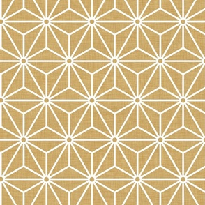09 Geometric Stars- Japanese Hemp Leaves- Asanoha- White on Mustard Gold Background- Petal Solids Coordinate- Medium