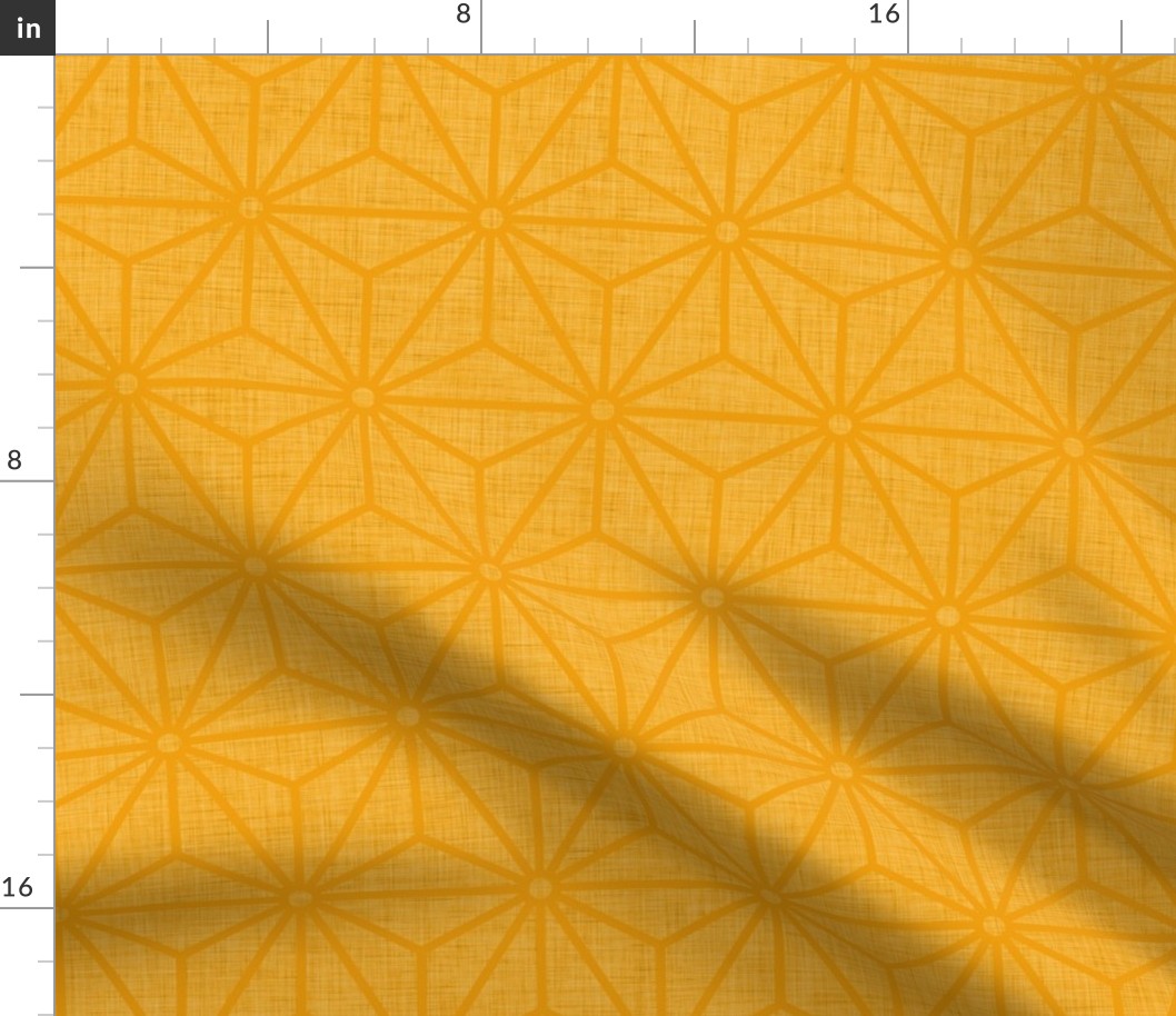 13 Geometric Stars- Japanese Hemp Leaves- Asanoha- Linen Texture on Marigold Orange Background- Petal Solids Coordinate- Medium