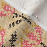 Cross Stitch Flowers - 12" large - pink, black, and marigold on golden linen