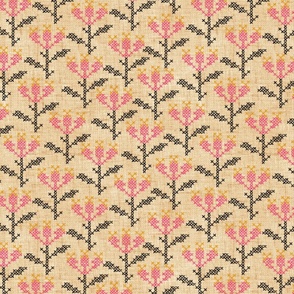 Cross Stitch Flowers - 12" large - pink, black, and marigold on golden linen
