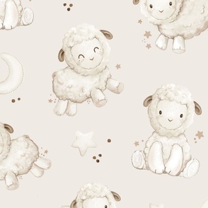 One two sheep - beige - wallpaper