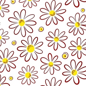 Garmonika - Magic Field Flower - Daisy Whimsycal Moood - Botanical  Ornament -  Red Brown Line Yellow Circle - Large