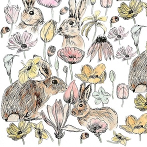 rabbit and flowers ink and watercolor pattern 