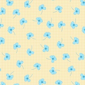 scattered blue flowers on check yellow gingham, small scale
