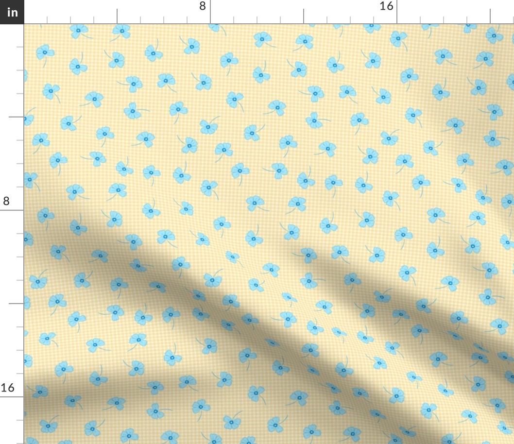 scattered blue flowers on check yellow gingham, small scale