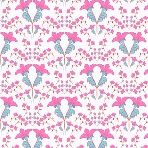 Bright pink floral in a scalloped design, small scale for fabric quilting