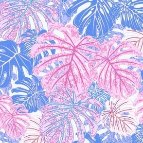 Layered tropical leaves in pinks and lilacs