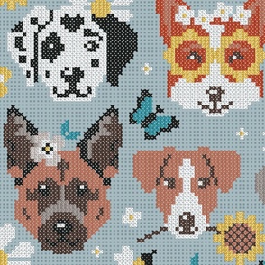 Large jumbo scale // Spring pawsing // heather blue background cross stitch dog breeds dachshund pug beagle dalmatian welsh corgi chihuahua  
german shepherd jack russel terrier labrador with wild flowers bees and butterflies