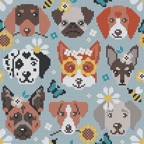 Spring pawsing // normal scale // heather blue background cross stitch dog breeds dachshund pug beagle dalmatian welsh corgi chihuahua  
german shepherd jack russel terrier labrador with wild flowers bees and butterflies
