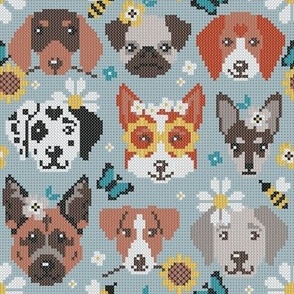 Small scale // Spring pawsing // heather blue background cross stitch dog breeds dachshund pug beagle dalmatian welsh corgi chihuahua  
german shepherd jack russel terrier labrador with wild flowers bees and butterflies