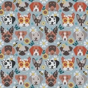 Tiny scale // Spring pawsing // heather blue background cross stitch dog breeds dachshund pug beagle dalmatian welsh corgi chihuahua  
german shepherd jack russel terrier labrador with wild flowers bees and butterflies
