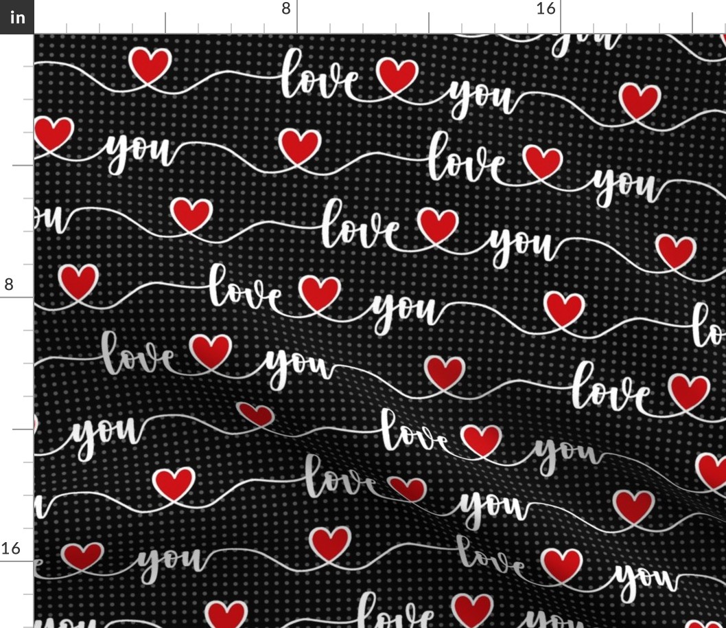 Bigger Scale Love You Handwriting Valentine Script with Hearts Black White and Red