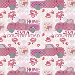 Vintage Truck Cross Stitch—Home is on a Country Road, viva magenta, flowers, hearts, sewing, thread, Cute, Cuter, Cutest Kids Sheets