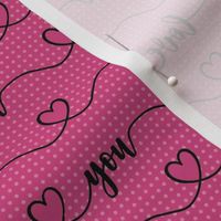 Smaller Scale Love You Handwriting Valentine Script with Hearts Hot Pink and Black