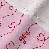Smaller Scale Love You Handwriting Valentine Script with Hearts Red and Light Pink