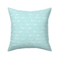 Smaller Scale Love You Handwriting Valentine Script with Hearts White on Soft Blue