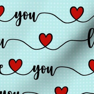 Bigger Scale Love You Handwriting Valentine Script with Hearts Black Red and Blue