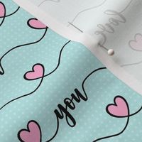 Smaller Scale Love You Handwriting Valentine Script with Hearts Black Pink and Blue