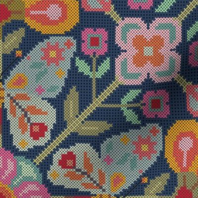 Large // Cross stitch embroidery butterfly garden on navy