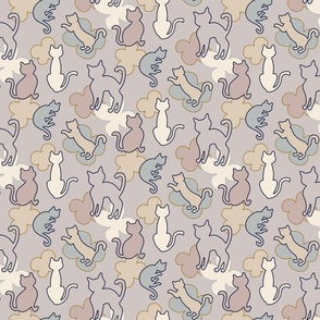Neutral tones flowers & cats on gray background // home decor fabric (small)