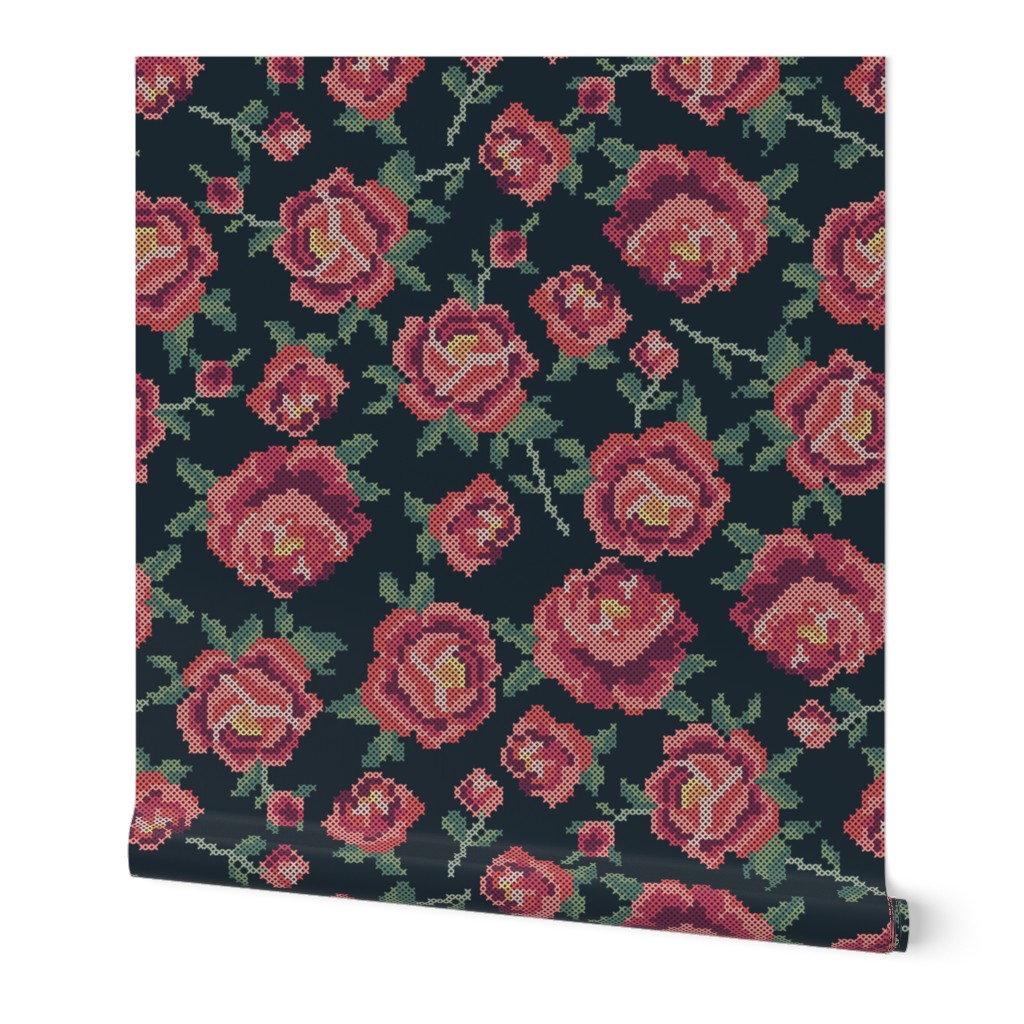 Cross Stitch Rose Large - Coral on Midnight