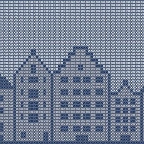 Cross-Stitched Amsterdam Canal Houses in Delft Blue