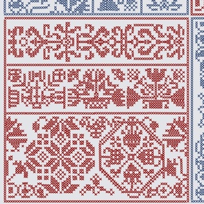 Faux Cross Stitch red and blue on  broken white - large scale