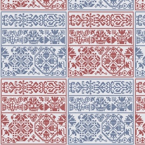 Faux Cross Stitch red and blue on  broken white - medium scale