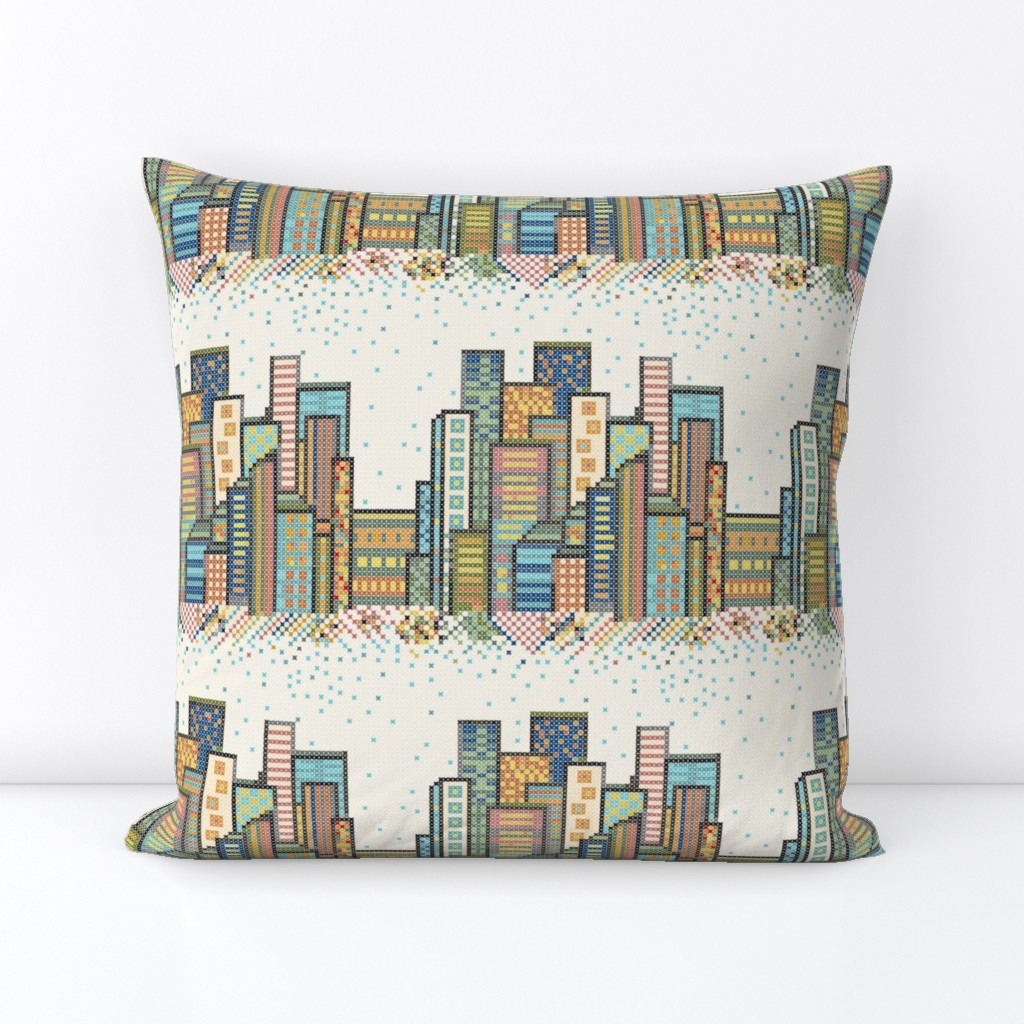 Cross Stitch City. city life, multi-color