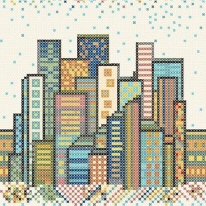 Cross Stitch City. city life, multi-color