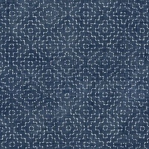 Sashiko Crosses in Indigo Blue | Hand stitched squares, Japanese sashiko stitching (kakinohana) on deep blue linen texture, indigo kantha quilt, tessellation, blue and white rustic square pattern.