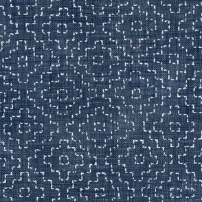Sashiko Crosses in Indigo Blue (large scale) | Hand stitched squares, Japanese sashiko stitching (kakinohana) on deep blue linen texture, indigo kantha quilt, tessellation, blue and white rustic square pattern.